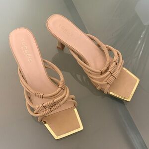 Torgeis New York Tan Heeled Slide Sandal Mules Size 7 | Square Toe Gold Hardware